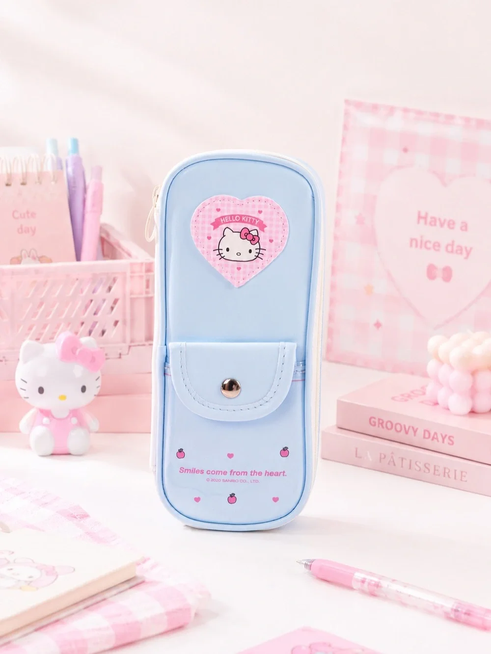 Hello Kitty Light Blue Pencil Case with Pink Heart Patch